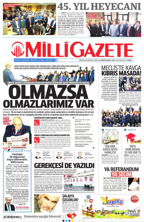 13 Ocak 2017 gazete manşetleri 6