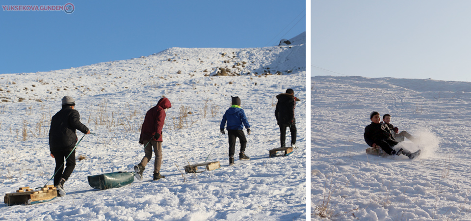 Yüksekova'da çocukların karlı tepelerde kızak keyfi
