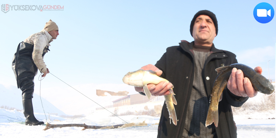 Yüksekova'da buz tutan derede balık avı