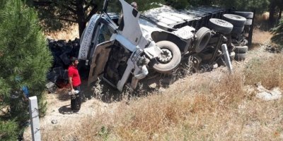 Devrilen kamyondaki tonlarca domates etrafa saçıldı