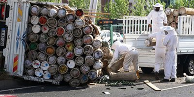 Arı kovanlarını taşıyan araç kaza yaptı, binlerce arı ortalığa savruldu