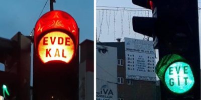 Van’daki trafik ışıklarında 'Evde kal' yazdı