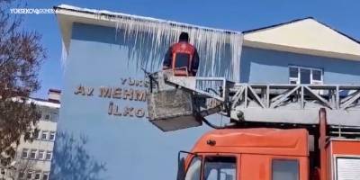 Yüksekova’da İtfaiye Ekipleri Buz Sarkıtlarına Karşı Önlem Aldı