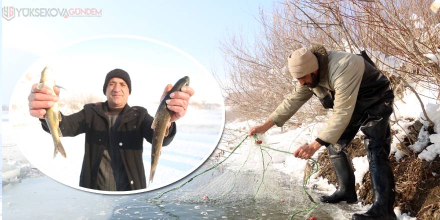 Yüksekova'da buz tutan derede balık avı